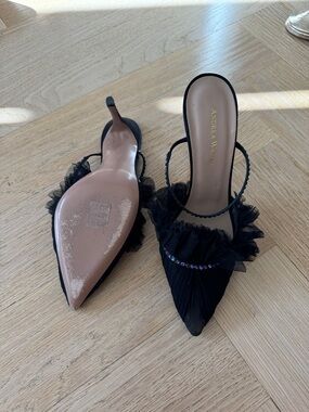 Andrea Wazen Black Ruffle Pointed Toe Slingback Heels with Crystal Band